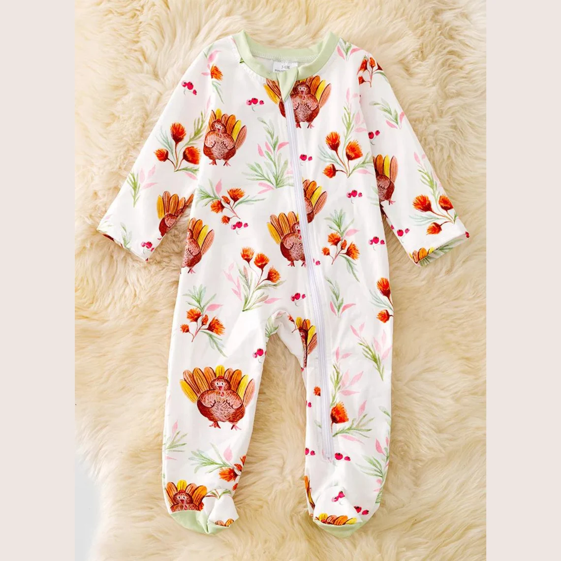 (Custom Design Preorder MOQ 5)  Turkey Flowers Print Baby Girls Bamboo Thanksgiving Sleeper Zipper Romper