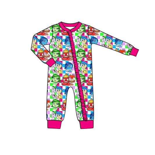 (Custom Design Preorder MOQ 5)  Cartoon Figure Inside Out Hotpink Print Baby Girls Bamboo Sleeper Zipper Romper