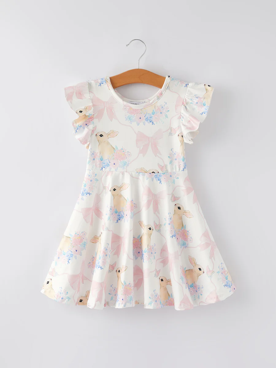 (Custom Design Preorder MOQ 5) Bunny Flowers Bows Print Girls Easter Knee Length Dress