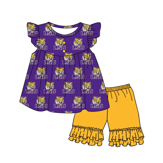 (Custom Design Preorder MOQ 5)  Team's LSU Print Girls Summer Clothes Set