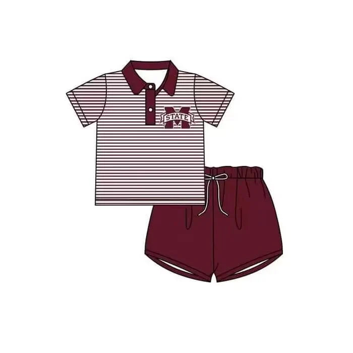 (Custom Design Preorder MOQ 5)  Team's Mississippi State Top Wine Shorts Boys Summer Clothes Set