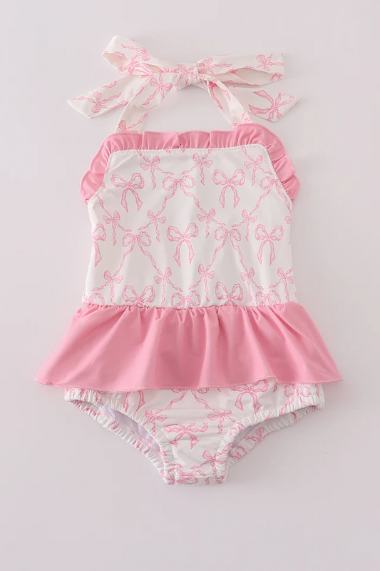 (Custom Design Preorder MOQ 5) Pink Bows Print Girls 1 Piece Halter Swimsuits