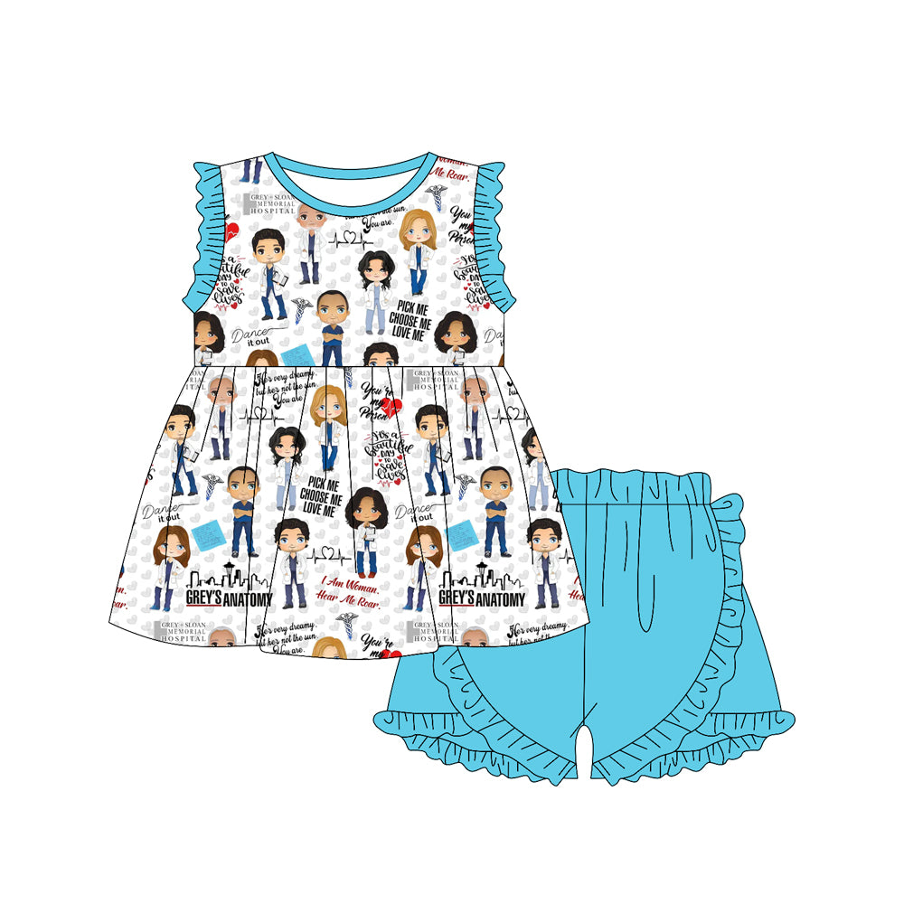 12.30(Custom Design Preorder MOQ 5) Grey's Anatom* Tunic Top Blue Shorts Girls Summer Clothes Set