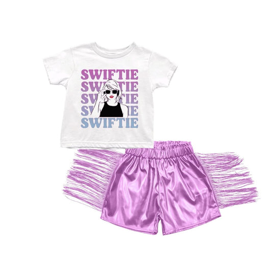 (Custom Design Preorder MOQ 5) Singer Swiftie Top Purple Tassels Leather Shorts Girls Summer Clothes Set