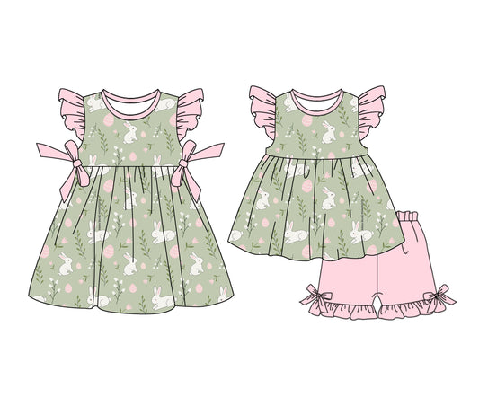 12.23 (Custom Design Preorder MOQ 5 Each Design) Bunny Eggs Flowers Print Girls Easter Matching Clothes Sisters Wear