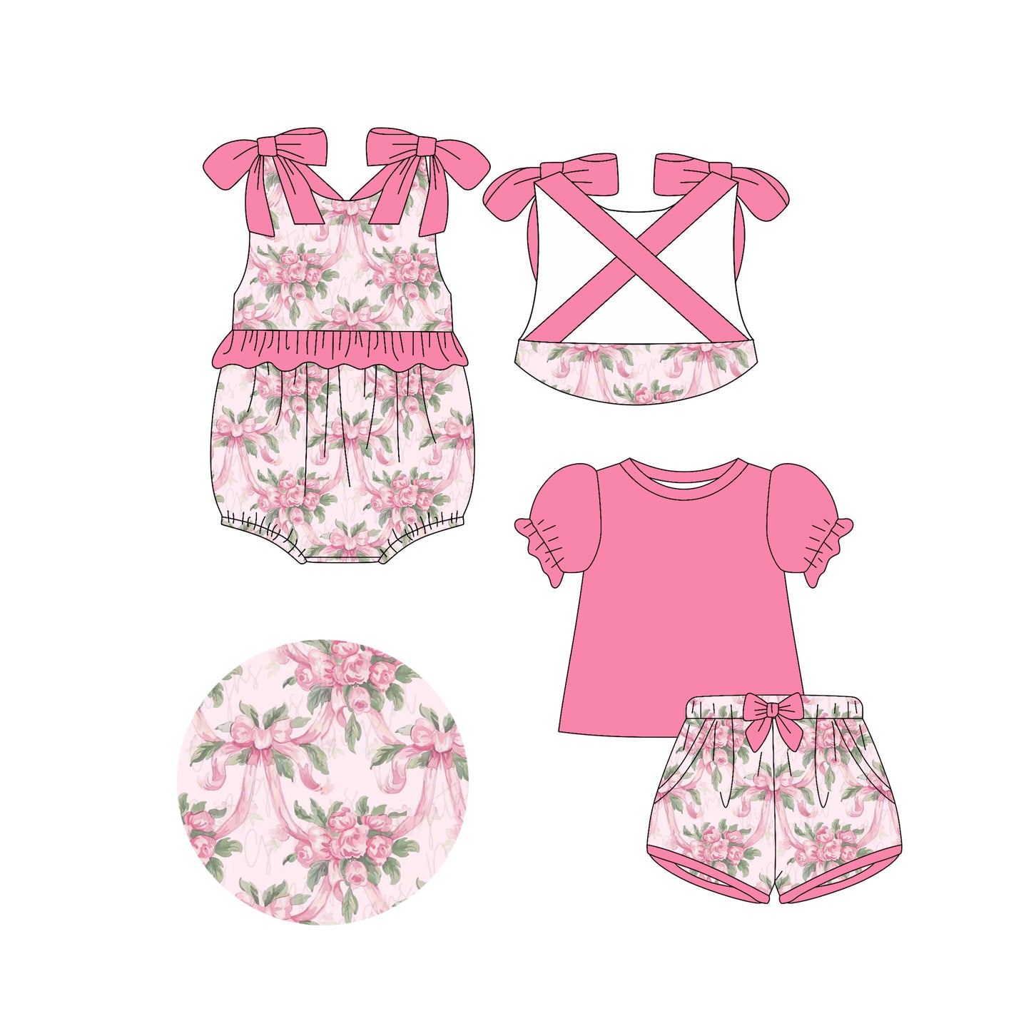 4.14(Custom Design Preorder MOQ 5 Each Design) Pink Flowers Bows Print Girls Summer Matching Clothes Sisters Wear