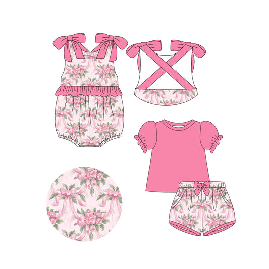 4.14(Custom Design Preorder MOQ 5 Each Design) Pink Flowers Bows Print Girls Summer Matching Clothes Sisters Wear