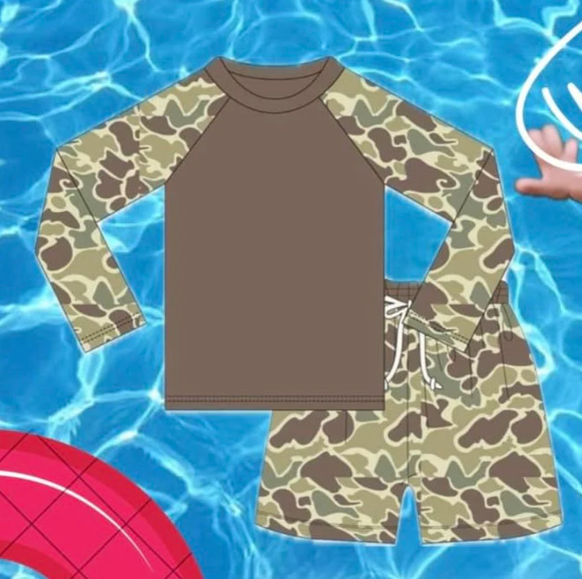 (Custom Design Preorder MOQ 5)  Camo Print Boys 2 Piece Long Sleeve Swimsuits