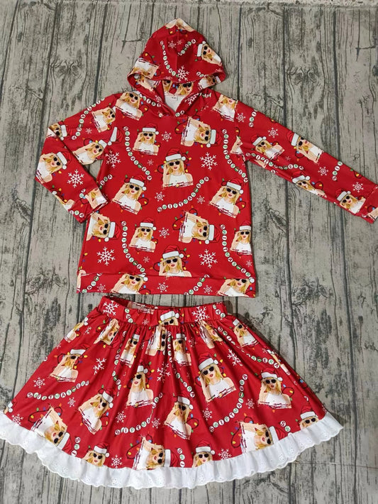 (Custom Design Preorder MOQ 5)  Singer Swiftie Red Print Skirts With Shorts Girls Christmas Clothes Set