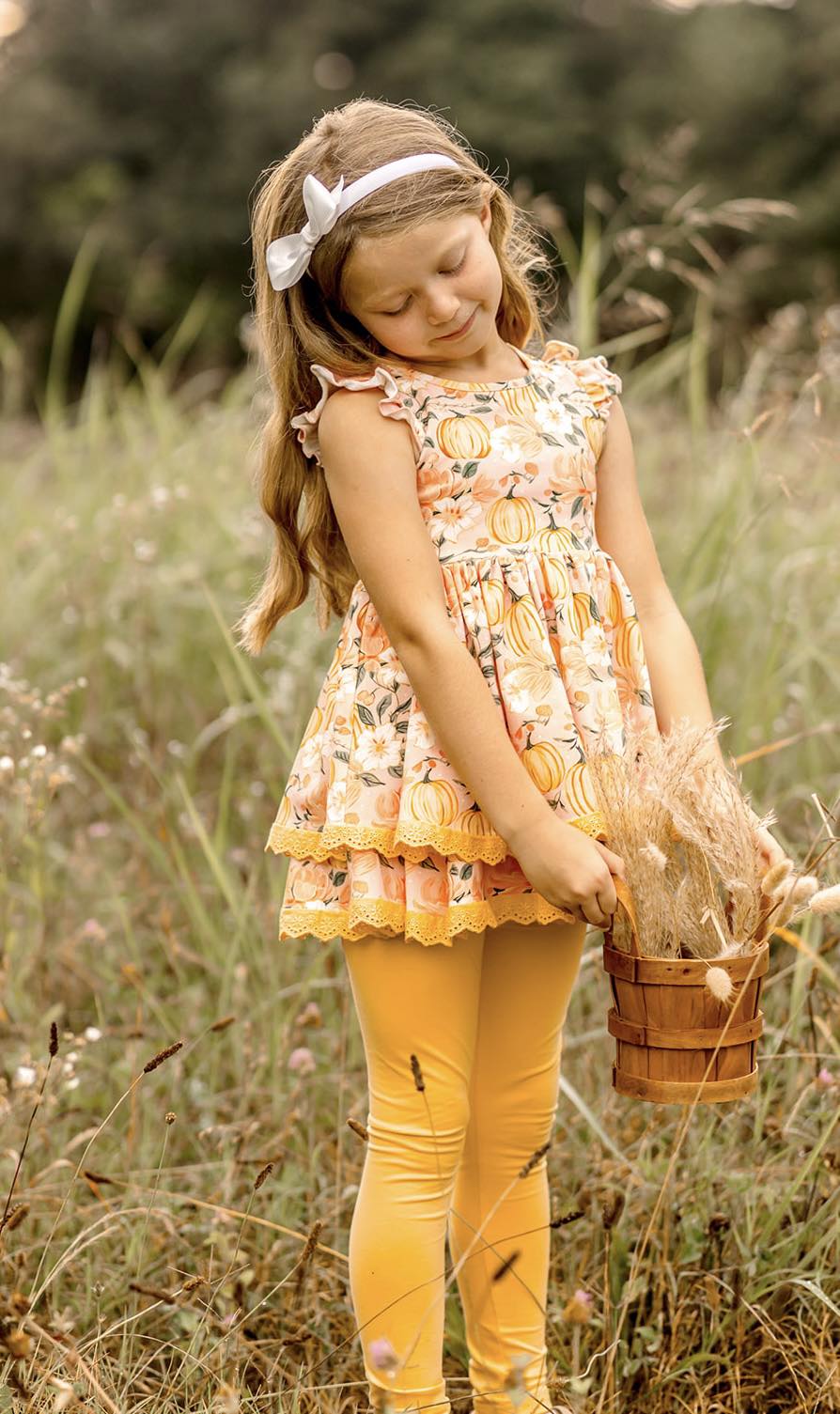 (Custom Design Preorder MOQ 5) Pumpkin Flowers Tunic Top Legging Pants Girls Fall Clothes Set