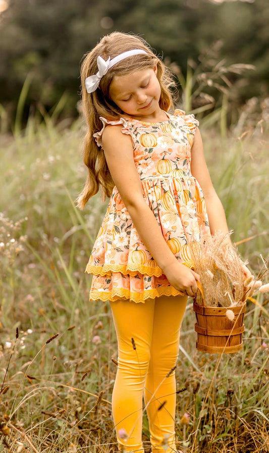 (Custom Design Preorder MOQ 5) Pumpkin Flowers Tunic Top Legging Pants Girls Fall Clothes Set