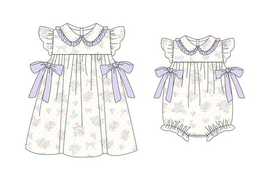 11.6(Custom Design Preorder MOQ 5 Each Design) Small Flowers Bows Print Girls Summer Matching Clothes Sisters Wear