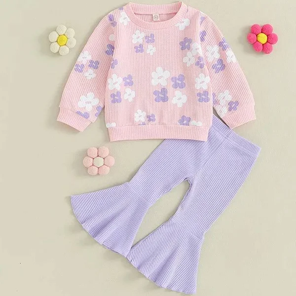 (Custom Design Preorder MOQ 5) Flowers Pink Top Purple Bell Pants Girls Ribbed Clothes Set
