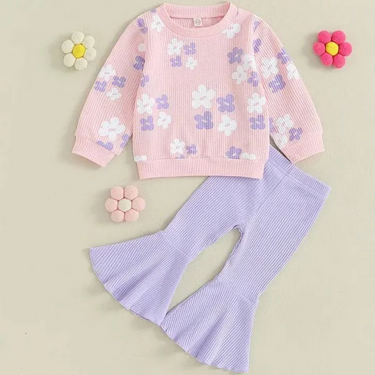 (Custom Design Preorder MOQ 5) Flowers Pink Top Purple Bell Pants Girls Ribbed Clothes Set