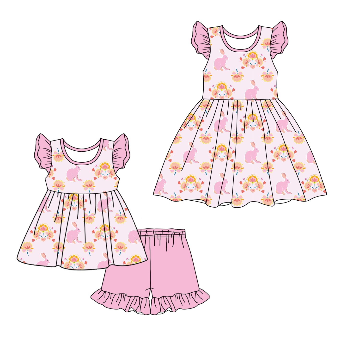 12.14(Custom Design Preorder MOQ 5 Each Design) Flowers Bunny Pink Print Girls Easter Matching Clothes Sisters Wear