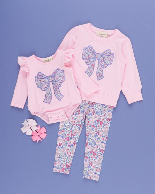 (Custom Design Preorder MOQ 5 Each Design) Flowers Bows Print Girls Matching Clothes Sisters Wear