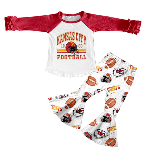 (Custom Design Preorder MOQ 5) Team's KC White Print Raglan Sleeves Top Bell Pants Girls Fall Clothes Set