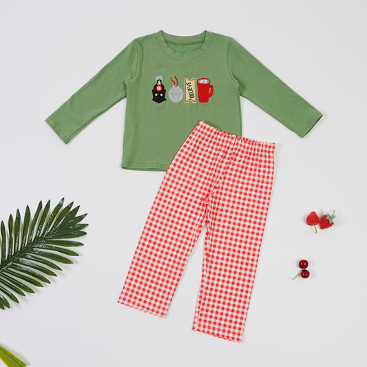 (Custom Design Preorder MOQ 5) Polar Express Green Top Stripes Pants Boys Christmas Clothes Set