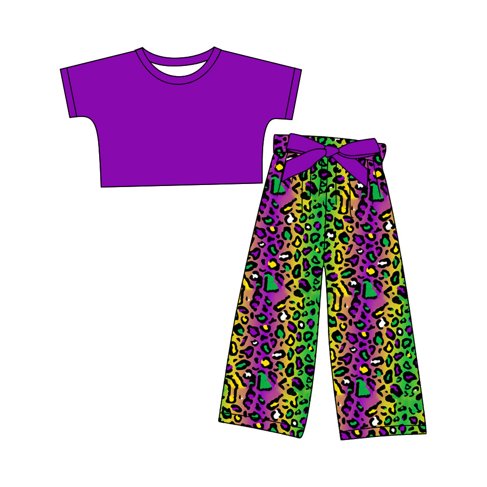 12.10(Custom Design Preorder MOQ 5) Purple Top Leopard Pants Girls Mardi Gras Clothes Set