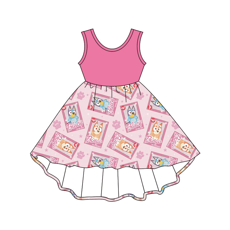 (Custom Design Preorder MOQ 5) Pink Cartoon Dog Print Girls High Low Summer Dress