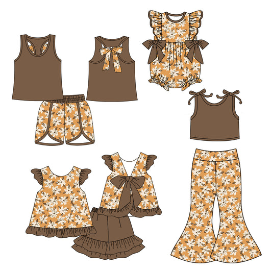 5.6(Custom Design Preorder MOQ 5 Each Design) Flowers Brown Print Girls Summer Matching Clothes Sisters Wear