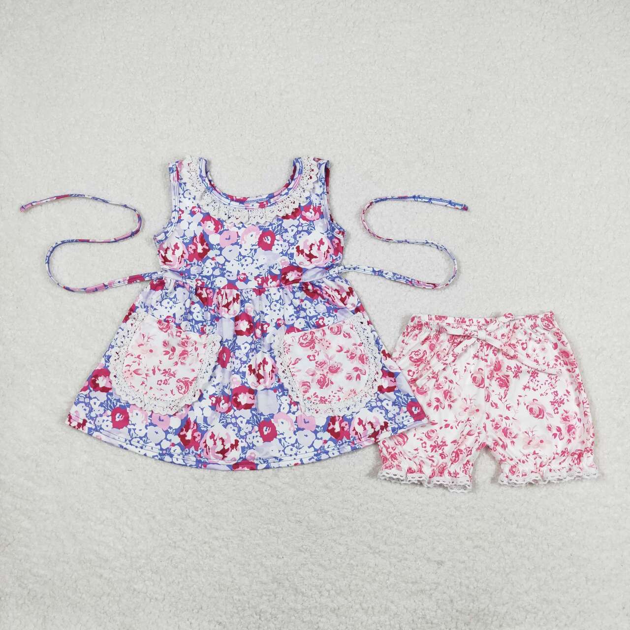 Flowers Print Pockets Girls Summer Clothes Set Sisters Wear