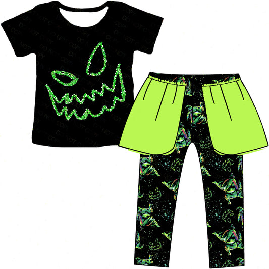 (Custom Design Preorder MOQ 5) Movie Characters Face Print Top Pants Girls Halloween Clothes Set