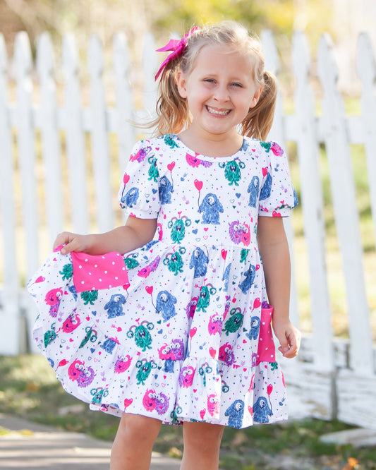 (Custom Design Preorder MOQ 5) Monster Heart Print Girls Valentine's Day Knee Length Dress