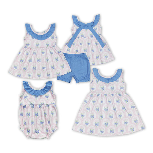 Pink Flowers Blue Bows Print Sisters Summer Matching Clothes