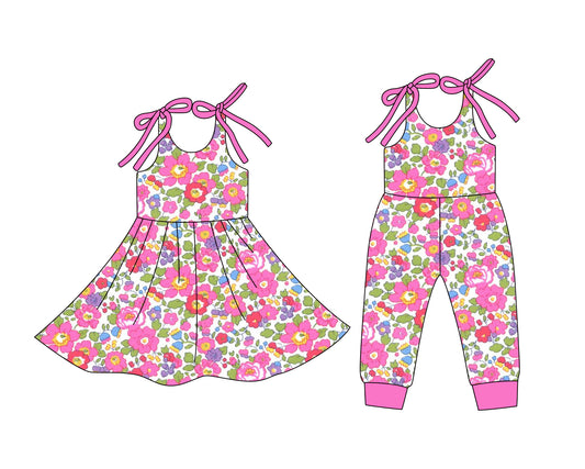 12.24 (Custom Design Preorder MOQ 5 Each Design) Hot Pink Flowers Print Girls Summer Matching Clothes Sisters Wear