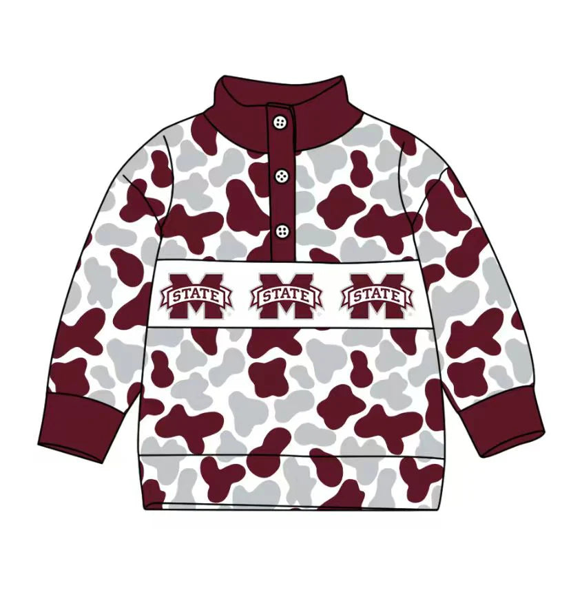 (Custom Design Preorder MOQ 5 Each Item) Team's Mississippi State Camo Print Long Sleeve Polo Top Mom and Me Matching Clothes