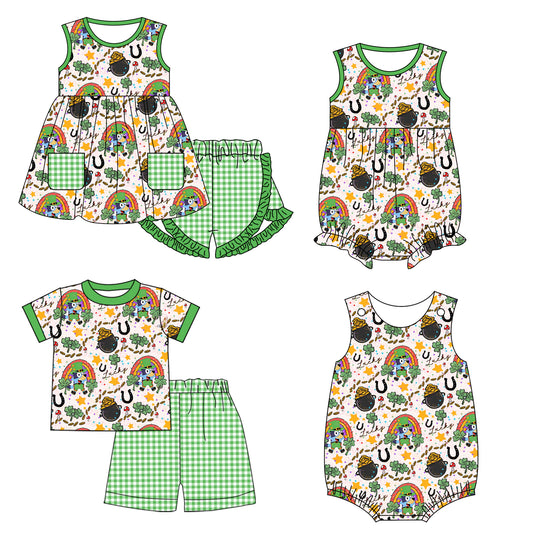 11.7(Custom Design Preorder MOQ 5 Each Design) Cartoon Dog Leef Rainbow Stars Print Kids St. Patrick's Day Matching Clothes Sibling Wear