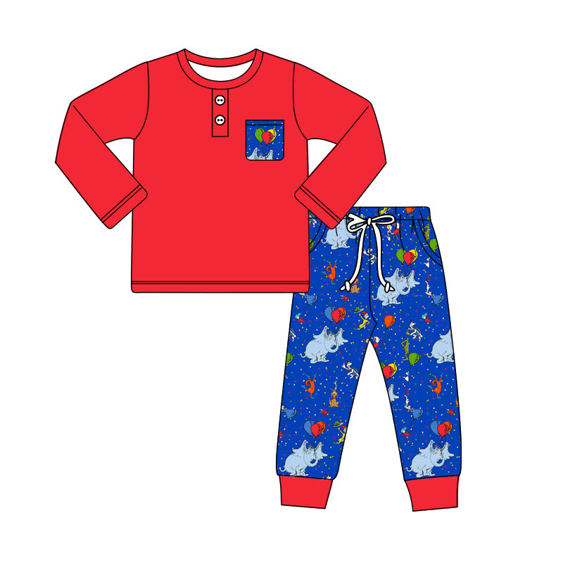 (Custom Design Preorder MOQ 5) Red Polo Top Cartoon Animals Blue Pants Boys Fall Clothes Set