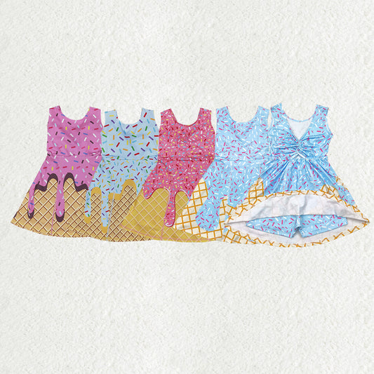 4 Colors  Sprinkles Print Girls Backless Summer Shorts Knee Length Yoga Dress Sisters Wear