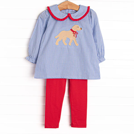 (Custom Design Preorder MOQ 5)  Puppy Plaid Tunic Top Red Pants Girls Clothes Set