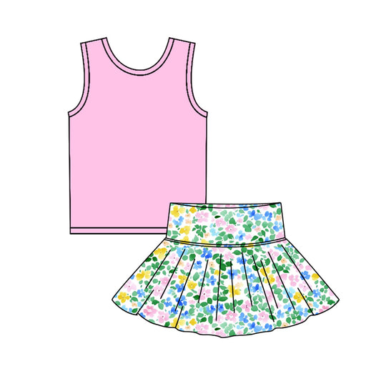 3.10(Custom Design Preorder MOQ 5) Pink Tank Top Flowers Skirts Girls Summer Clothes Set