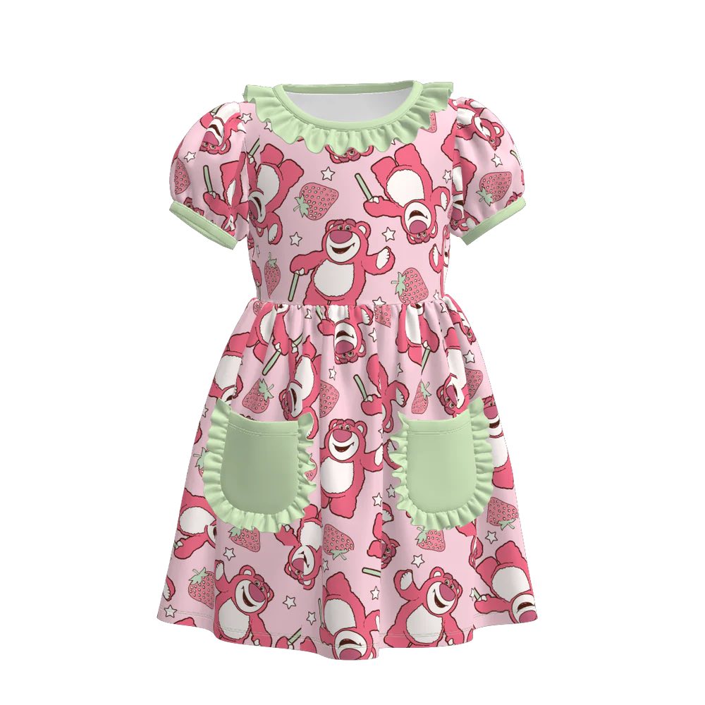(Custom Design Preorder MOQ 5) Cartoon Bear Strawberry Print Pockets Girls Summer Knee Length Dress