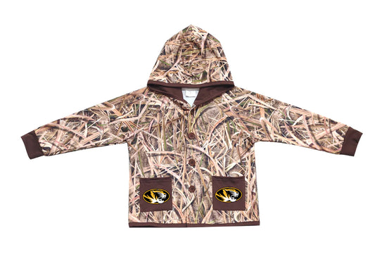 (Custom Design Preorder MOQ 5 Each Item) Team's Missouri Tigers Grasses Camo Print Pockets Buttons Kids Fall Hoodie Jackets Top Mom and Me Matching Clothes