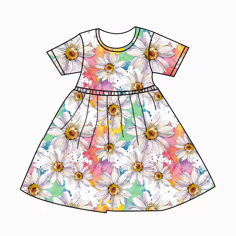 (Custom Design Preorder MOQ 5) Sunflowers Print Girls Knee Length Summer Dress