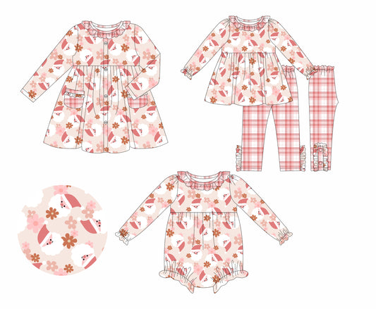 5.24(Custom Design Preorder MOQ 5 Each Design) Santa Pink Flowers Print Girls Christmas Matching Clothes Sisters Wear