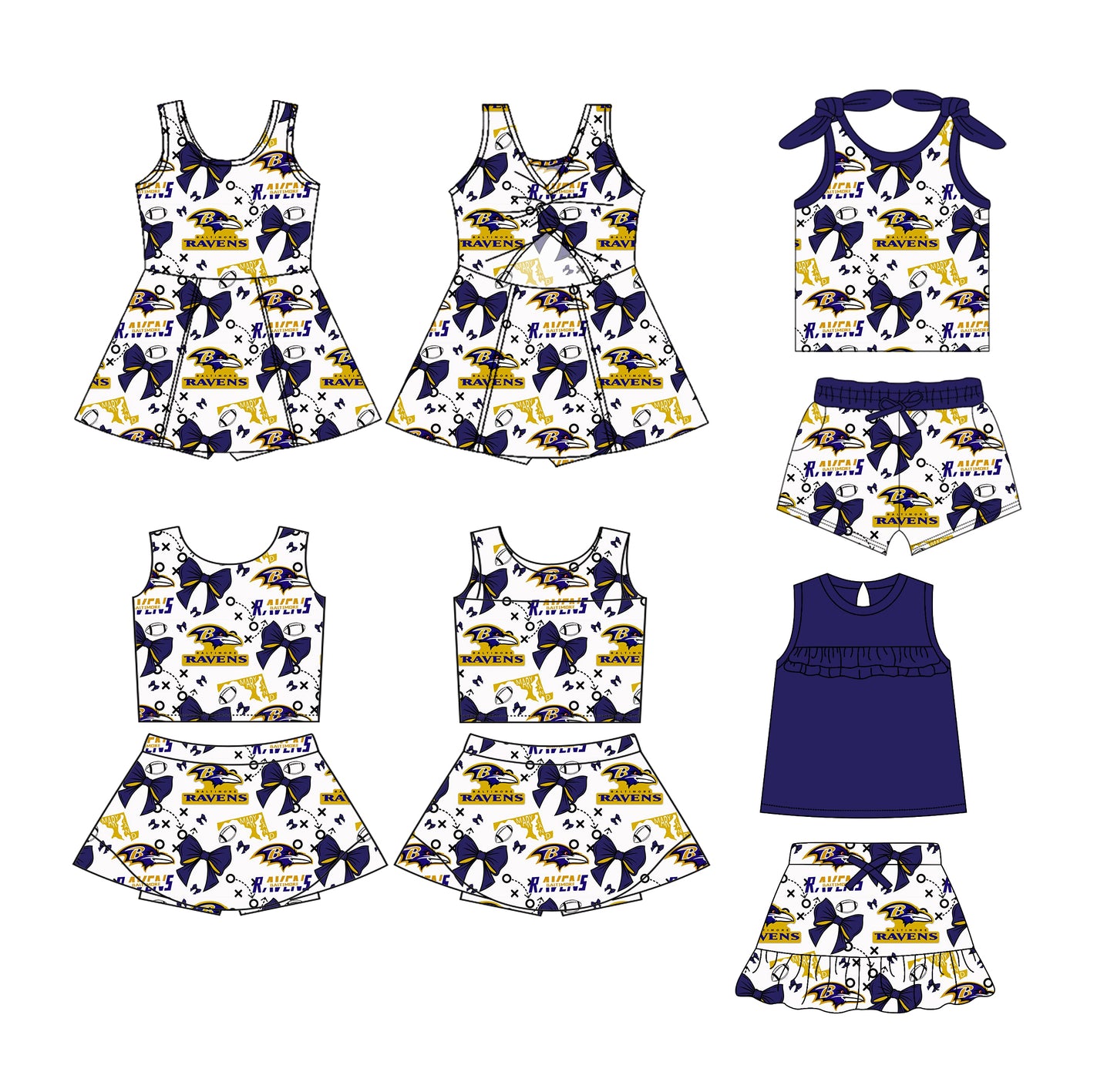 (Custom Design Preorder MOQ 5 Each Design) Team's RAVENS Bows Print Girls Summer Matching Clothes Sisters Wear