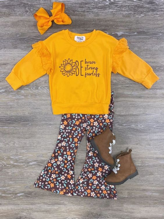 (Custom Design MOQ 5) Mustard Top Flowers Bell Pants Girls Clothes Set