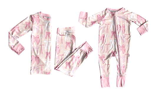 12.1(Custom Design Preorder MOQ 20 Each Design) Pink White Bows Print Girls Pajamas Matching Bamboo Clothes Sisters Wear