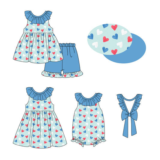 2.20(Custom Design Preorder MOQ 5 Each Design)  Red Blue Heart Print Girls 4th of July Matching Clothes Sisters Wear