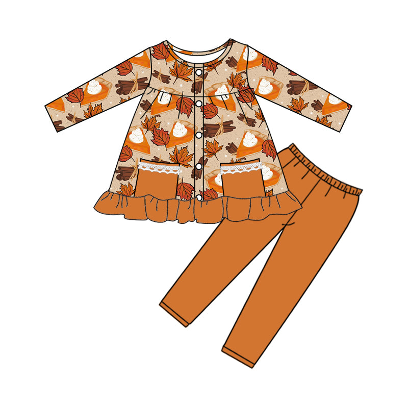 (Custom Design Preorder MOQ 5 Each Design) Pie Leaf Print Girls Fall Matching Clothes Sisters Wear