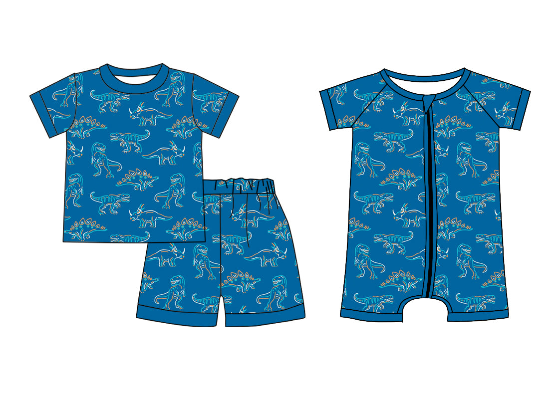 11.18(Custom Design Preorder MOQ 5 Each Design) Dino Blue Print Boys Summer Matching Clothes Brothers Wear