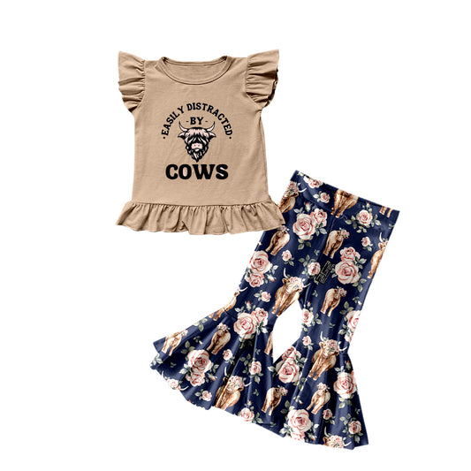 (Custom Design Preorder MOQ 5) Cows Top Highland Cow Flowers Bell Pants Girls Clothes Set