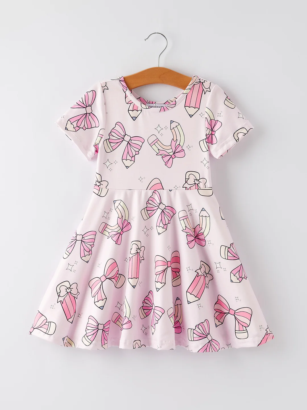 (Custom Design Preorder MOQ 5) Pen Bows Stars Print Girls Back to School Knee Length Dress
