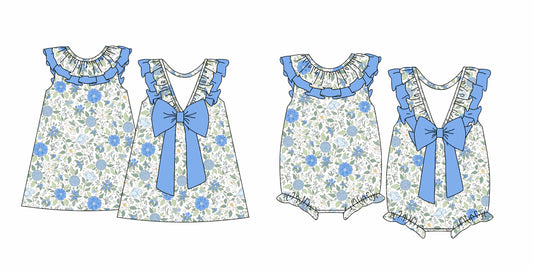 12.14(Custom Design Preorder MOQ 5 Each Design) Blue Flowers Print Girls Summer Matching Clothes Sisters Wear