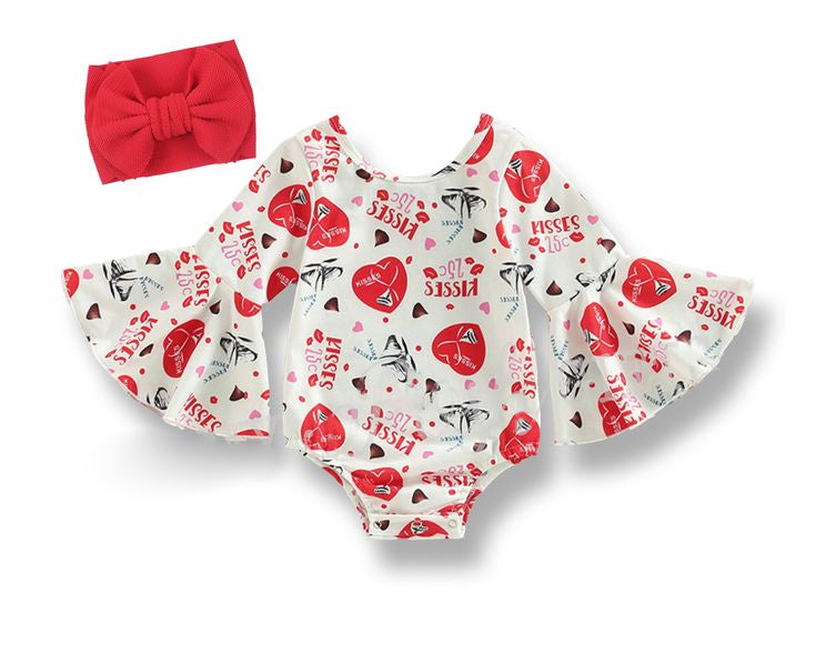 (Custom Design MOQ 5) Kisses Heart Print Baby Girls Valentine's Romper